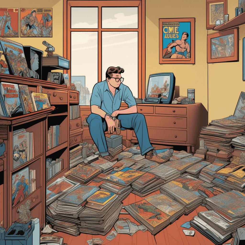 a young man frantically organizes rows of identical comic book issues, checking each one multiple times with a magnifying glass. He has dark circles under his eyes and appears to have been awake all night sorting through his collection. The room around him is completely overwhelmed with towering stacks of comics, action figures, and collectibles covering every surface. His bed is buried under boxes and he appears to have no space left to live normally. A concerned friend stands in the doorway shaking their head at the overwhelming mess. The friend holds a normal book, showing the stark contrast between healthy interests and compulsive behavior. an excessive and irrational commitment to collecting that has taken over his entire life