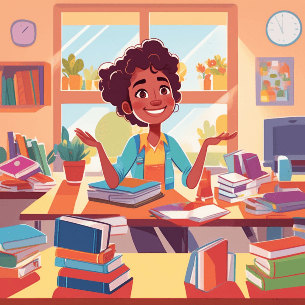 A student holds fewer books with organized items on their desk