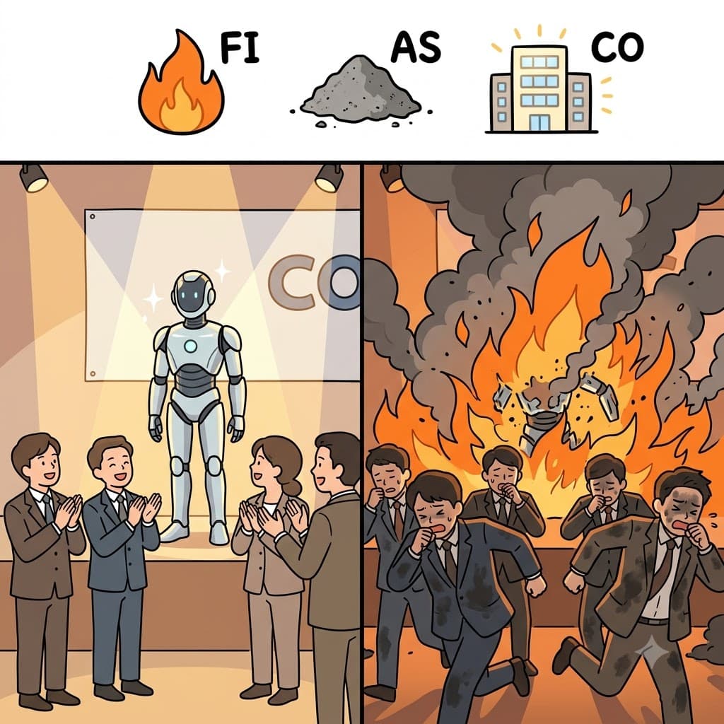 FI(fire) + AS(ashes) + CO(company) — when the tech CO(company) turned into nothing but FI(fire) and AS(ashes), the launch event became a total fiasco.