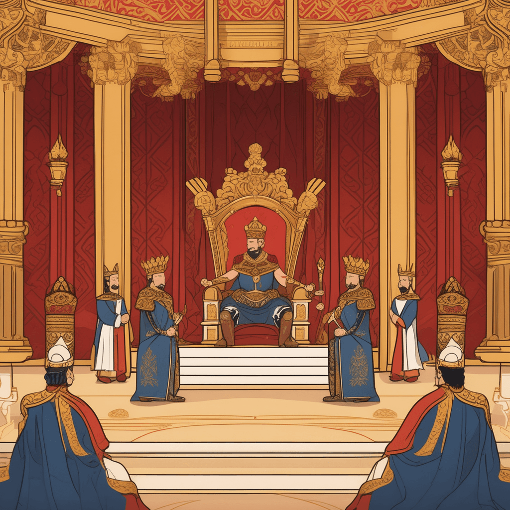 a king sits on his elaborate throne raising his golden scepter high in the air. His mouth is open mid-proclamation with a stern, decisive expression on his face. Immediately, royal guards snap to attention and bow their heads respectfully. Court officials quickly grab scrolls and quills to record the royal command. Several nobles and servants throughout the throne room stop their conversations and turn toward the king with serious expressions. an authoritative decree being commanded with absolute power