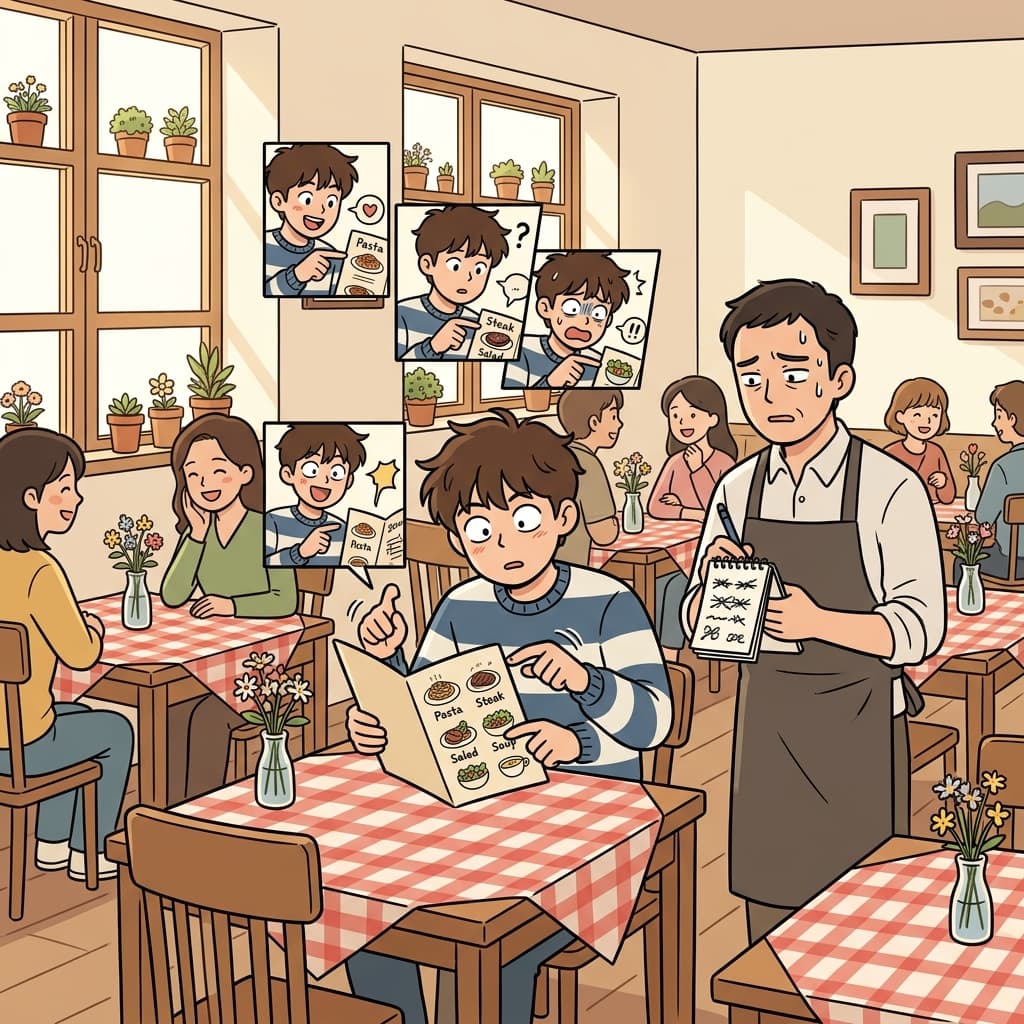His fickleness shows as he changes lunch orders three times before the waiter even leaves.