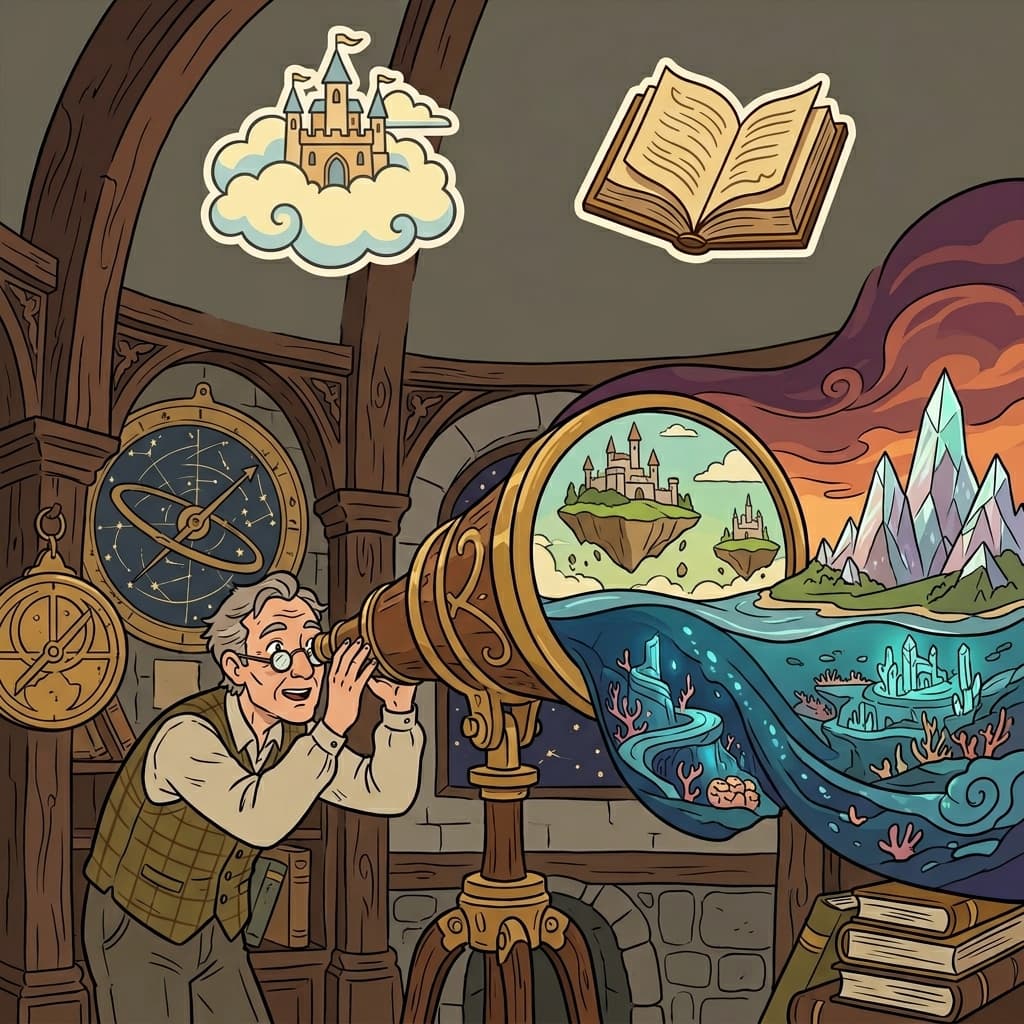 The fictional world contained dragons, floating islands, and magical forests. (IMAGINED + NOT REAL = FICTIONAL)