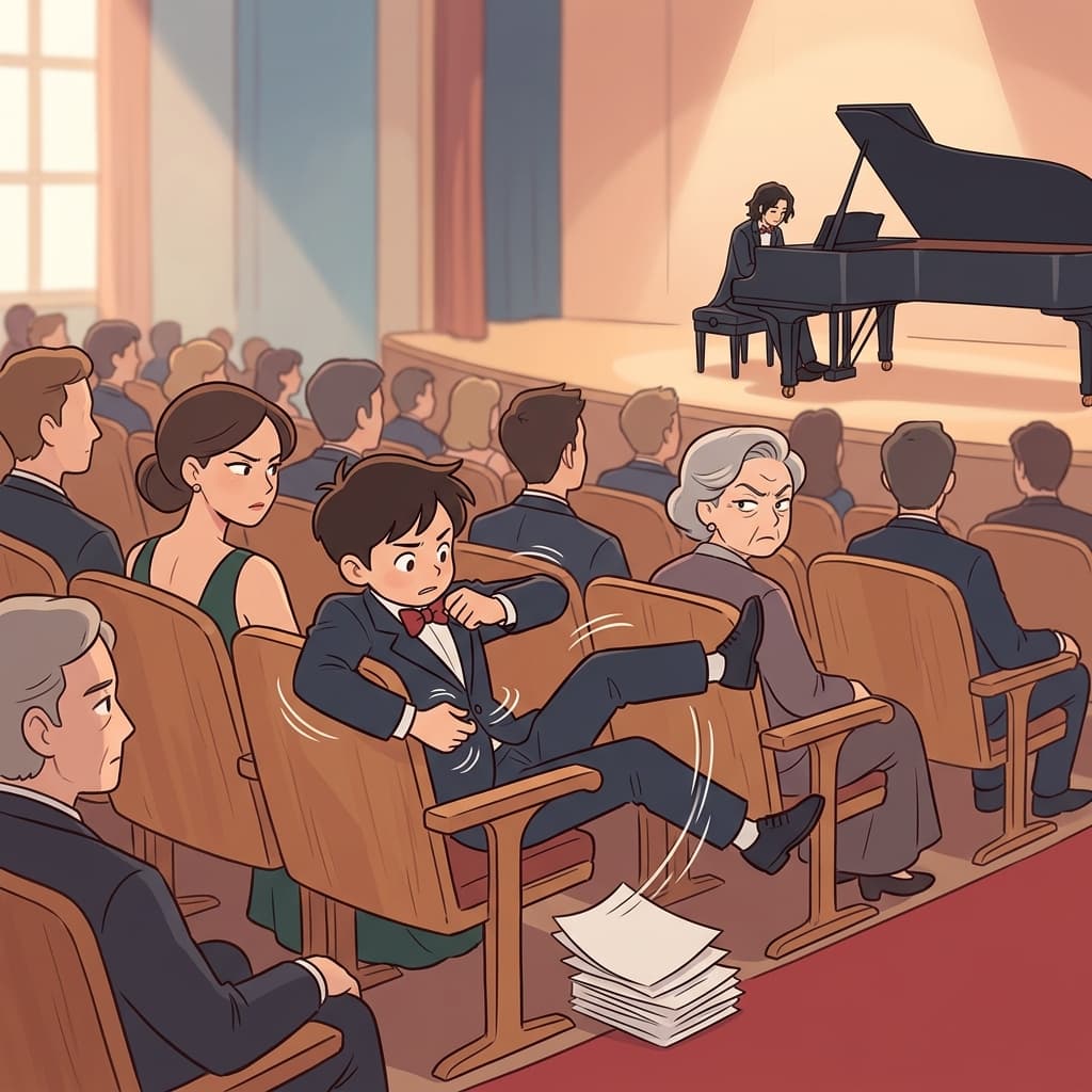 The boy can't stop fidgeting during the long piano recital.