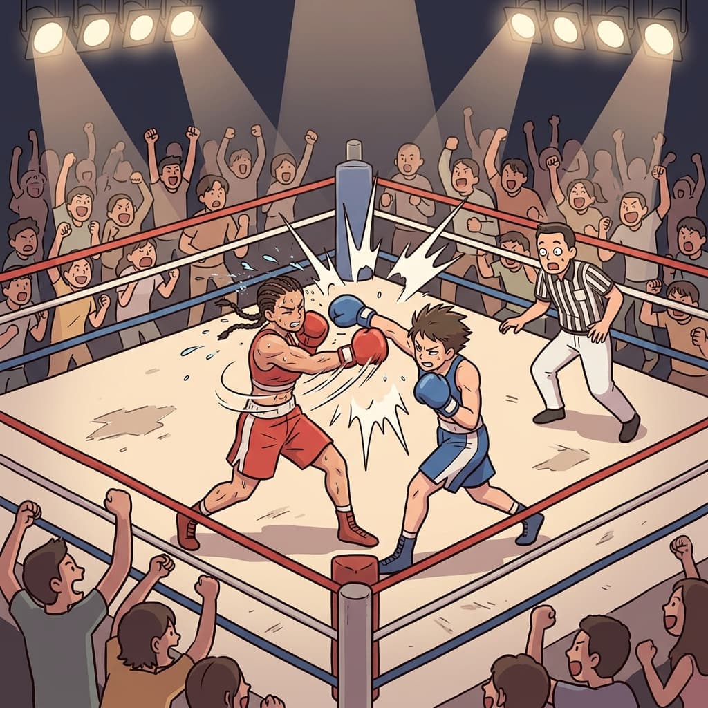 Two boxers fight fiercely in the ring as the crowd roars.