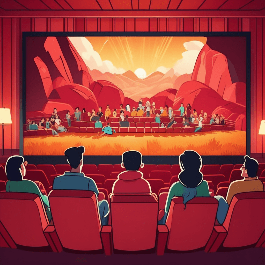 A family enjoys watching an exciting film in the movie theater