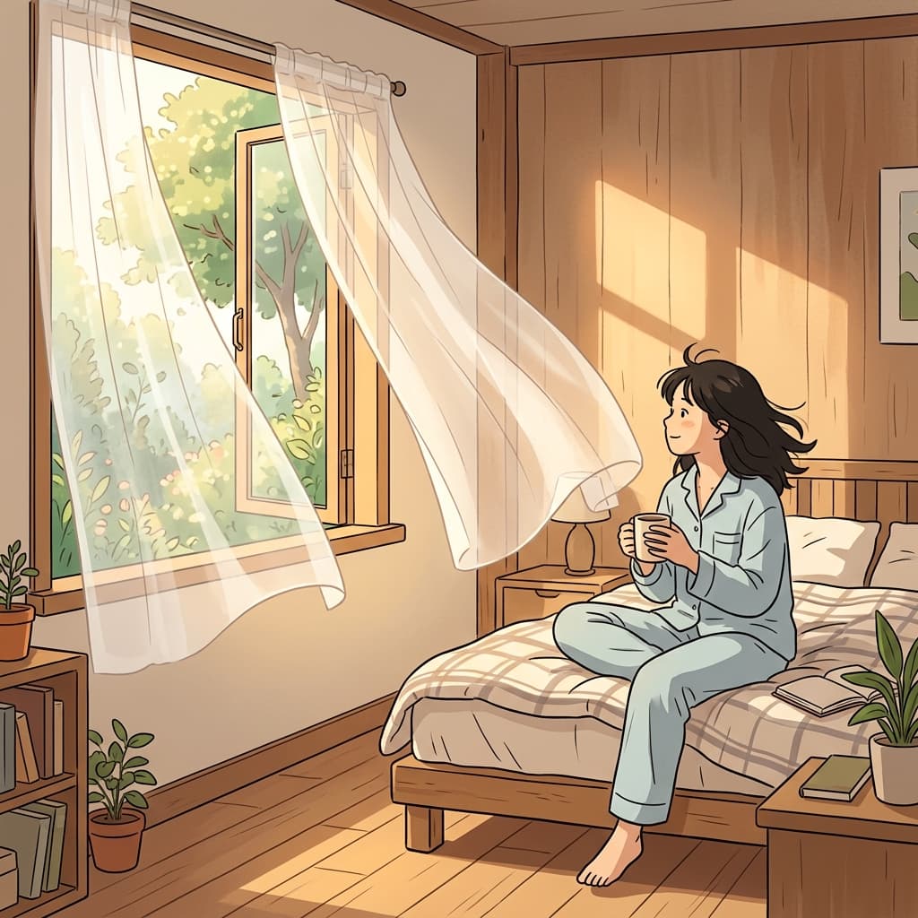 A filmy curtain floats in the breeze, softening the morning light.