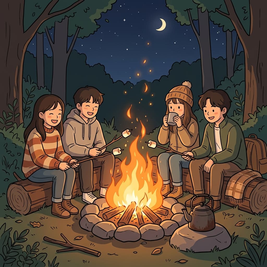 A campfire crackles warmly as friends roast marshmallows under the stars.