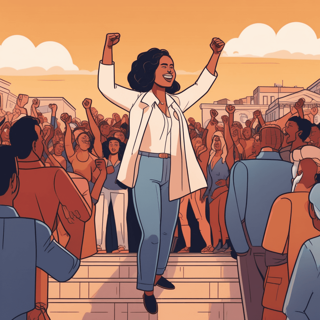 a determined woman stands on a wooden platform, raising her fist high while speaking with intense emotion and fire in her eyes. Her other hand gestures dramatically toward the crowd as she delivers her passionate message. The crowd below begins to stir with excitement, some people raising their own fists in solidarity. Others lean forward eagerly, clearly moved by her powerful words and infectious energy. Several supporters start cheering and nodding enthusiastically, their faces showing growing determination. a person who is passionate about a particular cause, inciting change through her rebellious spirit