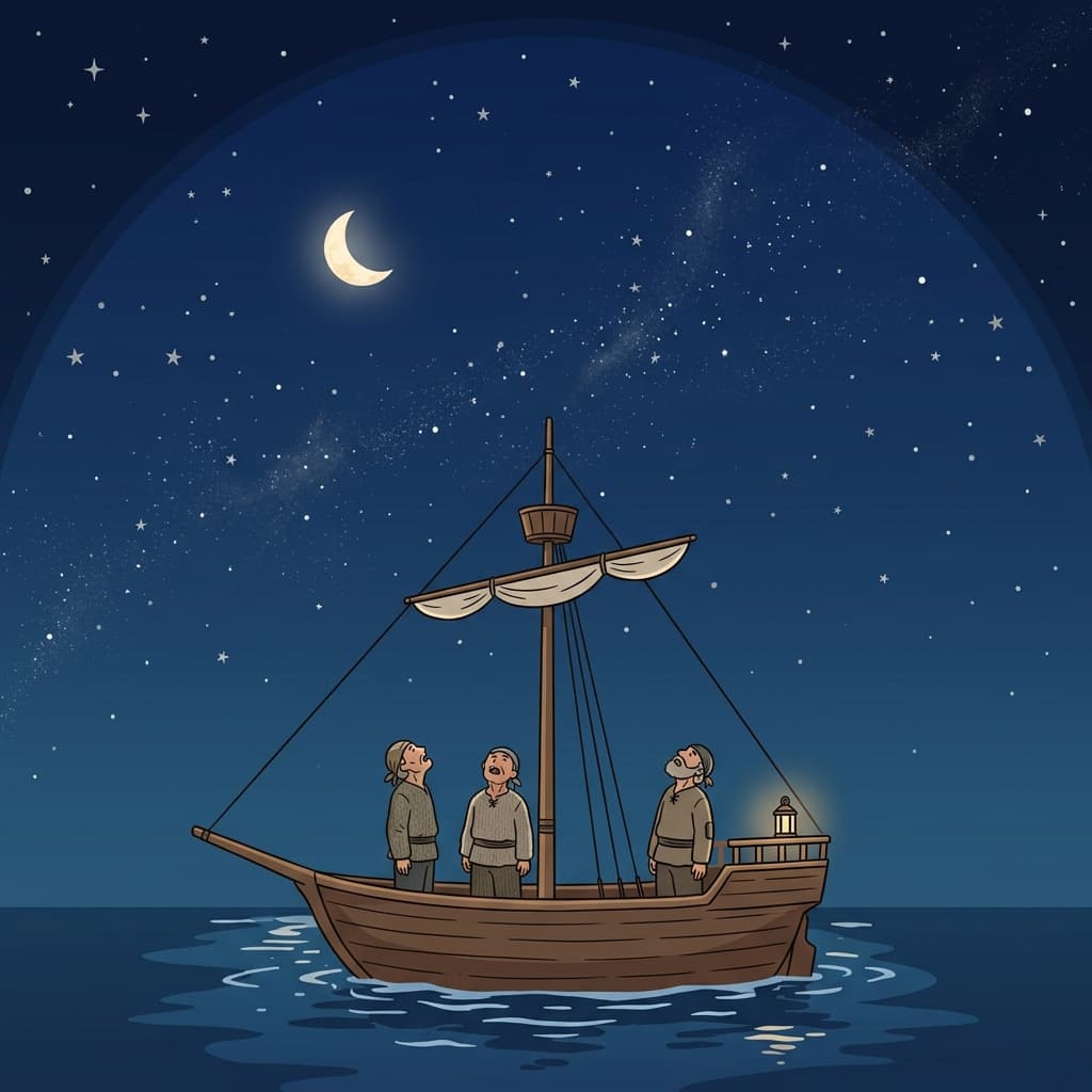 Ancient sailors gaze up at the vast firmament glittering with countless stars.