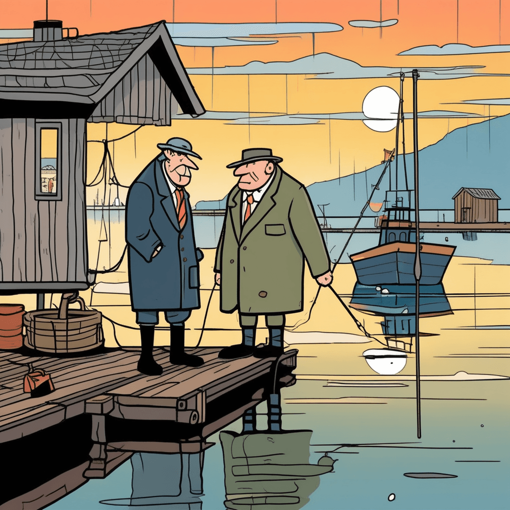 The fisherman waits alongside the businessman