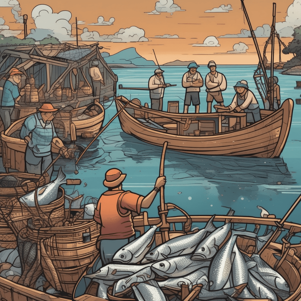 The fishery's archery guides the query where labor and bounty meet, answering what the water holds below.