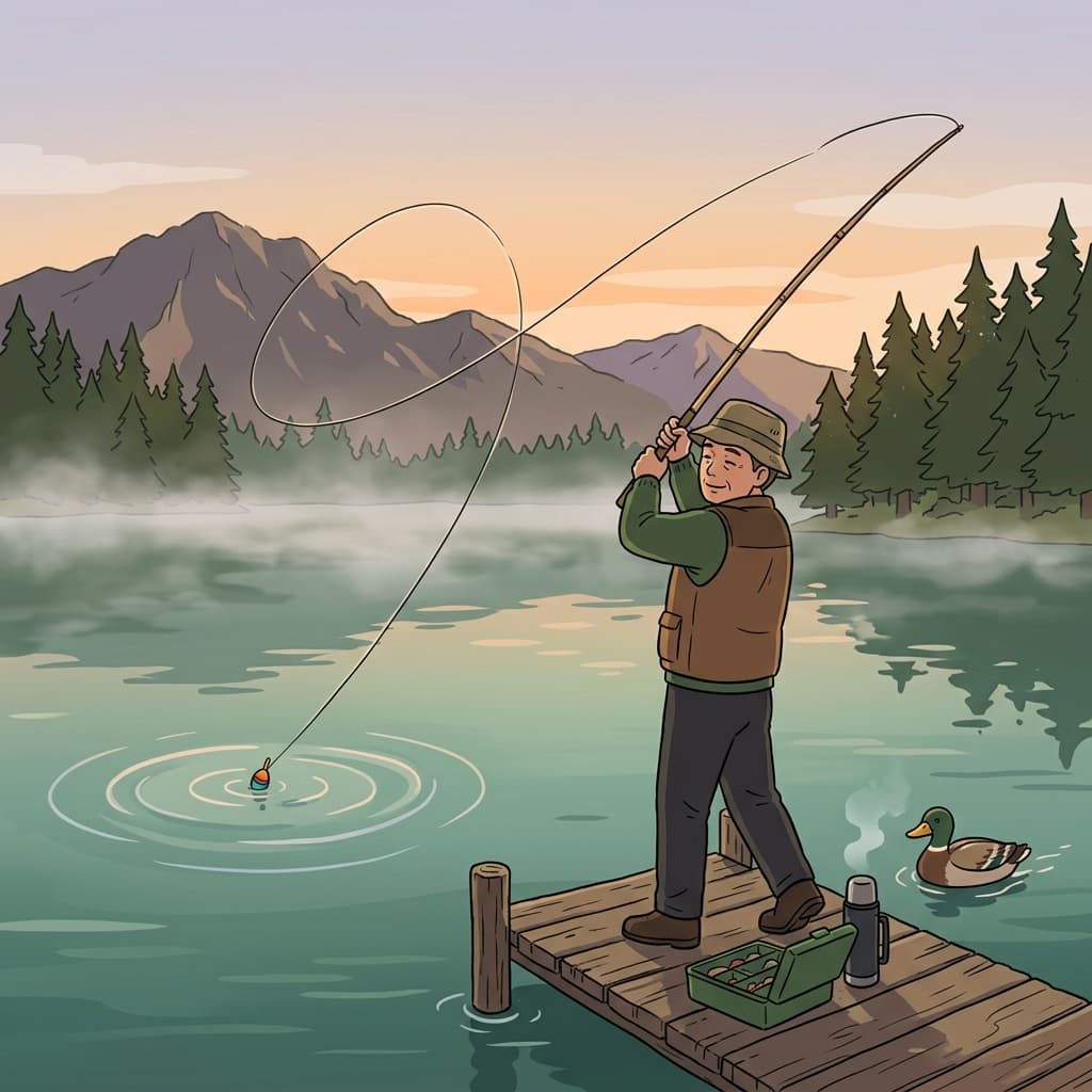 He cast his fishing rod into the calm lake at sunrise.