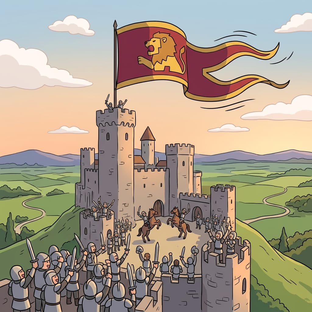 A giant flag waves proudly above the castle as soldiers cheer below.