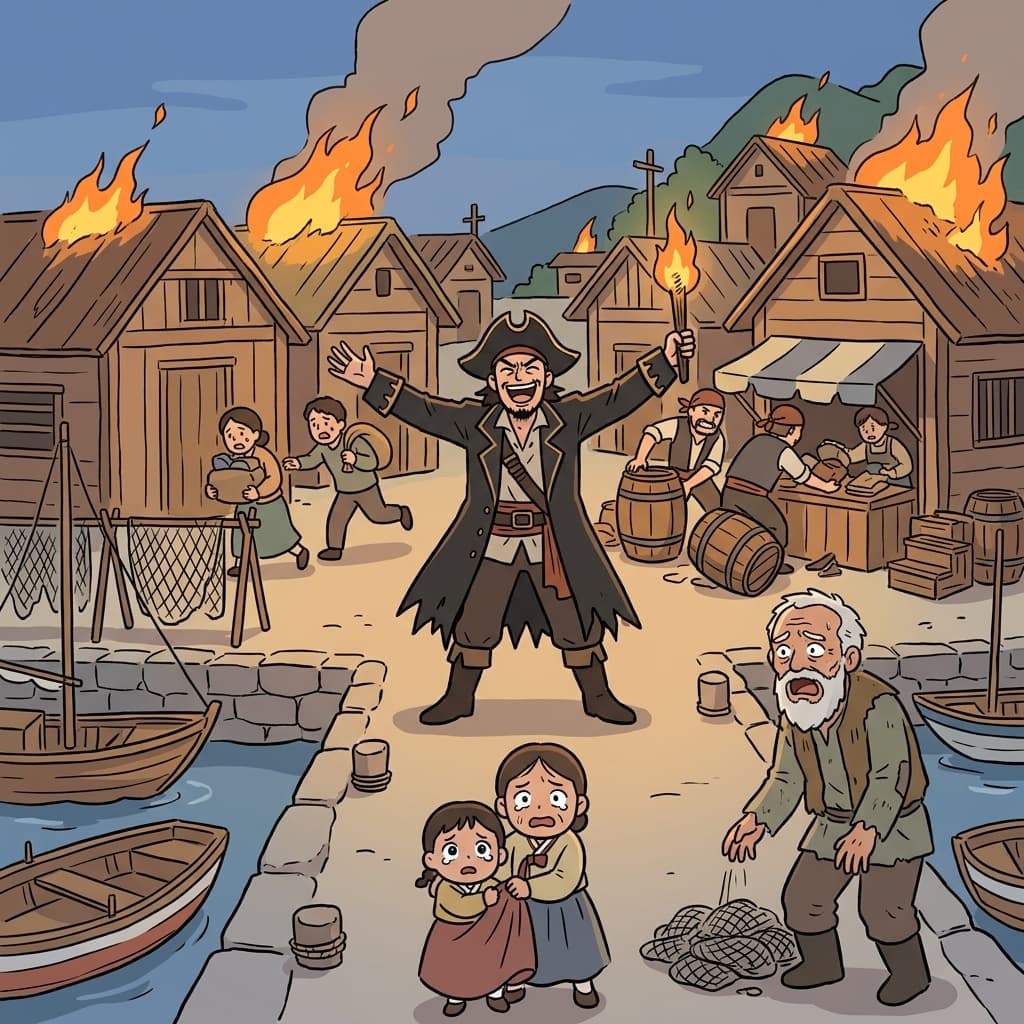 The flagitious pirate captain laughed as he set fire to the innocent village.