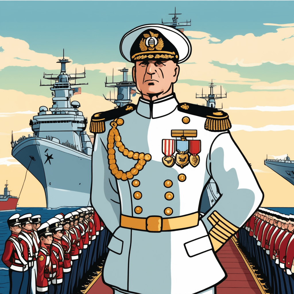 a uniformed naval admiral stands proudly on the bridge of a magnificent warship with a large ceremonial flag flying prominently above. The admiral points toward the horizon while giving orders to his crew members. Multiple smaller warships sail in formation behind and around this central command vessel. The other ships follow the lead ship's direction as sailors on nearby vessels look toward the admiral's ship for guidance. the main ship that carries the fleet commander and flies his flag.