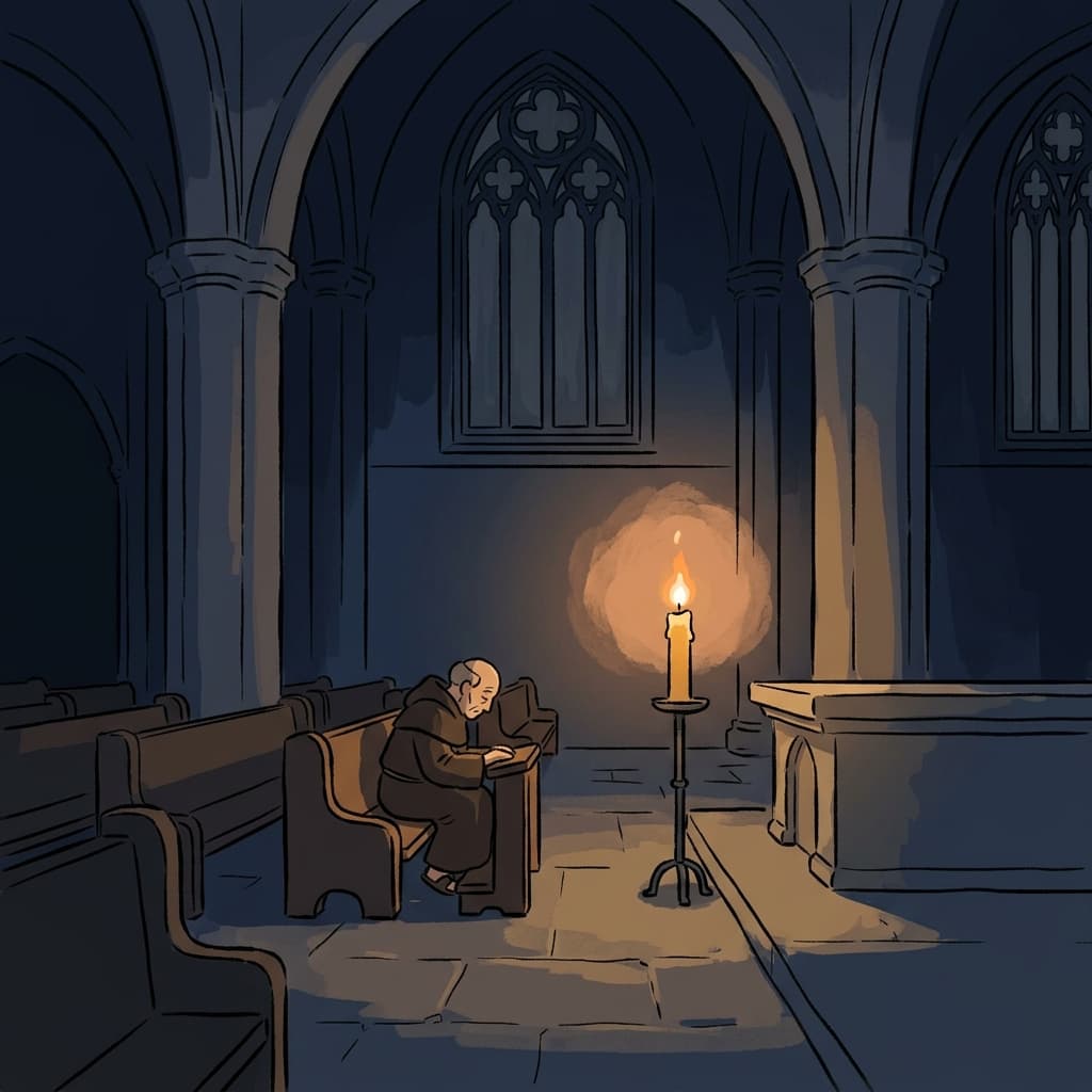 A single candle flame flickers in the dark cathedral as the monk prays.