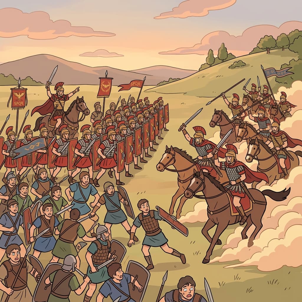 Roman soldiers attack the enemy's flank while the front line holds steady.