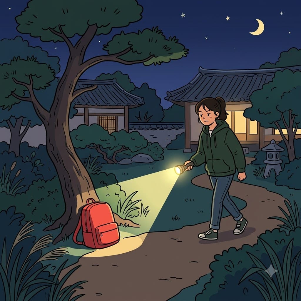 At night, she used a flashlight to find the bright red backpack she had left outside.