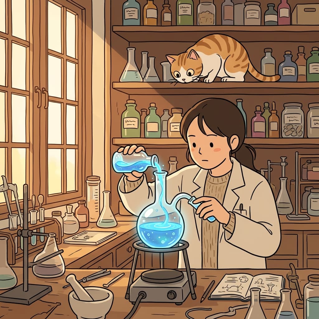 The chemist carefully pours blue liquid into a glass flask.