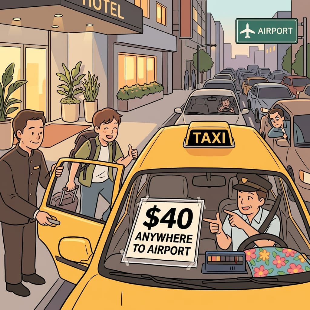 The taxi driver charges a flat rate to the airport, no matter the traffic.