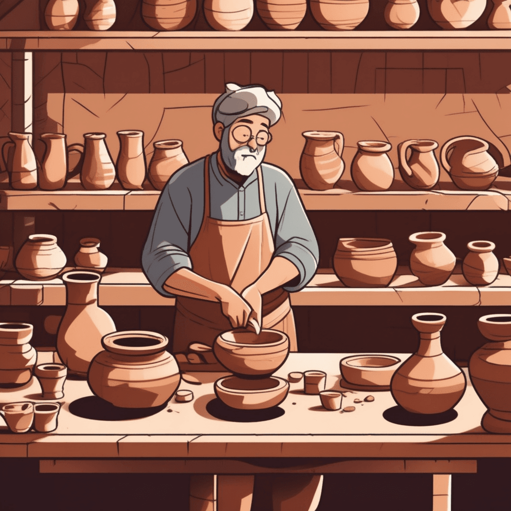 a potter holds up a freshly made ceramic bowl, turning it slowly in their hands with a concerned expression. Their finger points to a visible crack running down one side of the bowl. The potter's face shows disappointment as they notice additional small chips along the rim. A fellow student nearby also examines their own pottery piece, finding similar imperfections and dents. Both artists frown as they compare their work to the perfect examples displayed on the shelf. defects, imperfections, and weaknesses being discovered in their crafted objects