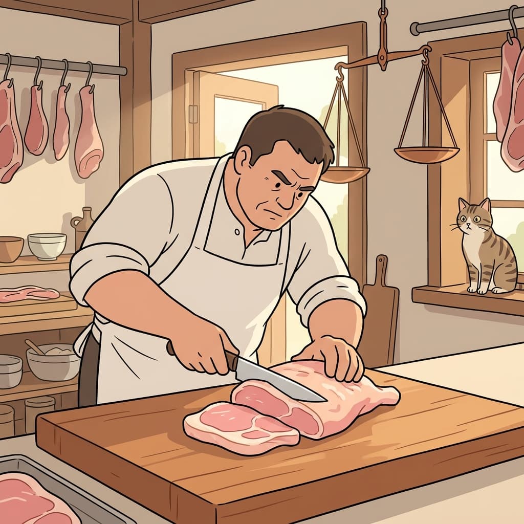 The butcher carefully trims the fat from the fresh flesh of the lamb.