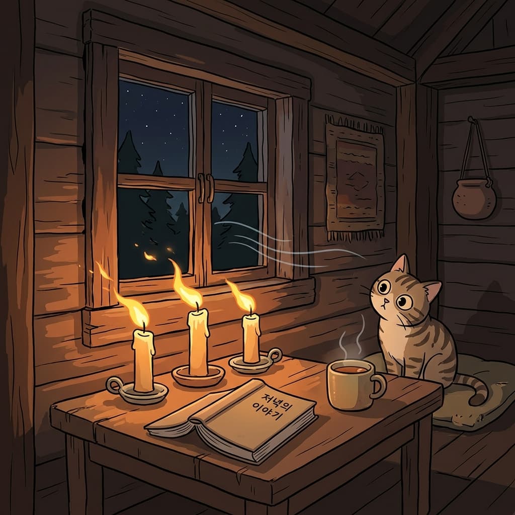 The candle flames flicker as wind sneaks through the old cabin window.