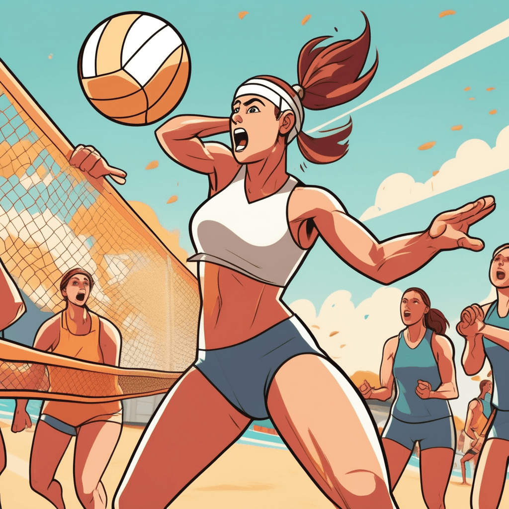 a determined volleyball player winds up and flings the ball with tremendous force toward the opposing team's court. Her whole body is twisted with the powerful throwing motion as the ball flies through the air at high speed. The ball creates a visible motion blur as it rockets across the net. Other players on both sides of the court react by diving and lunging to try to catch the fast-moving ball. Spectators in the background lean forward with excited expressions watching the intense play. something being thrown suddenly and with great force