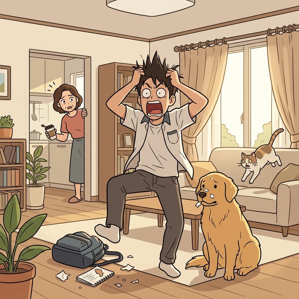 He totally flipped out when he saw the dog had eaten his homework.