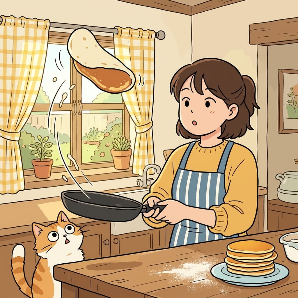 She flips the pancake high in the air and catches it perfectly.