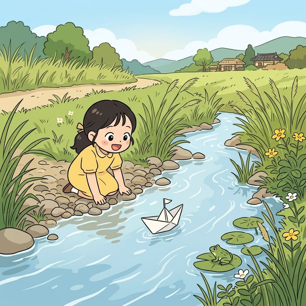 A child watches her paper boat float gently down the stream.