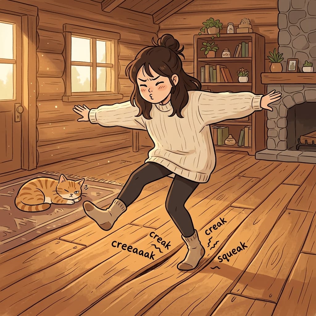 The wooden floor of the old cabin creaked with every step she took.