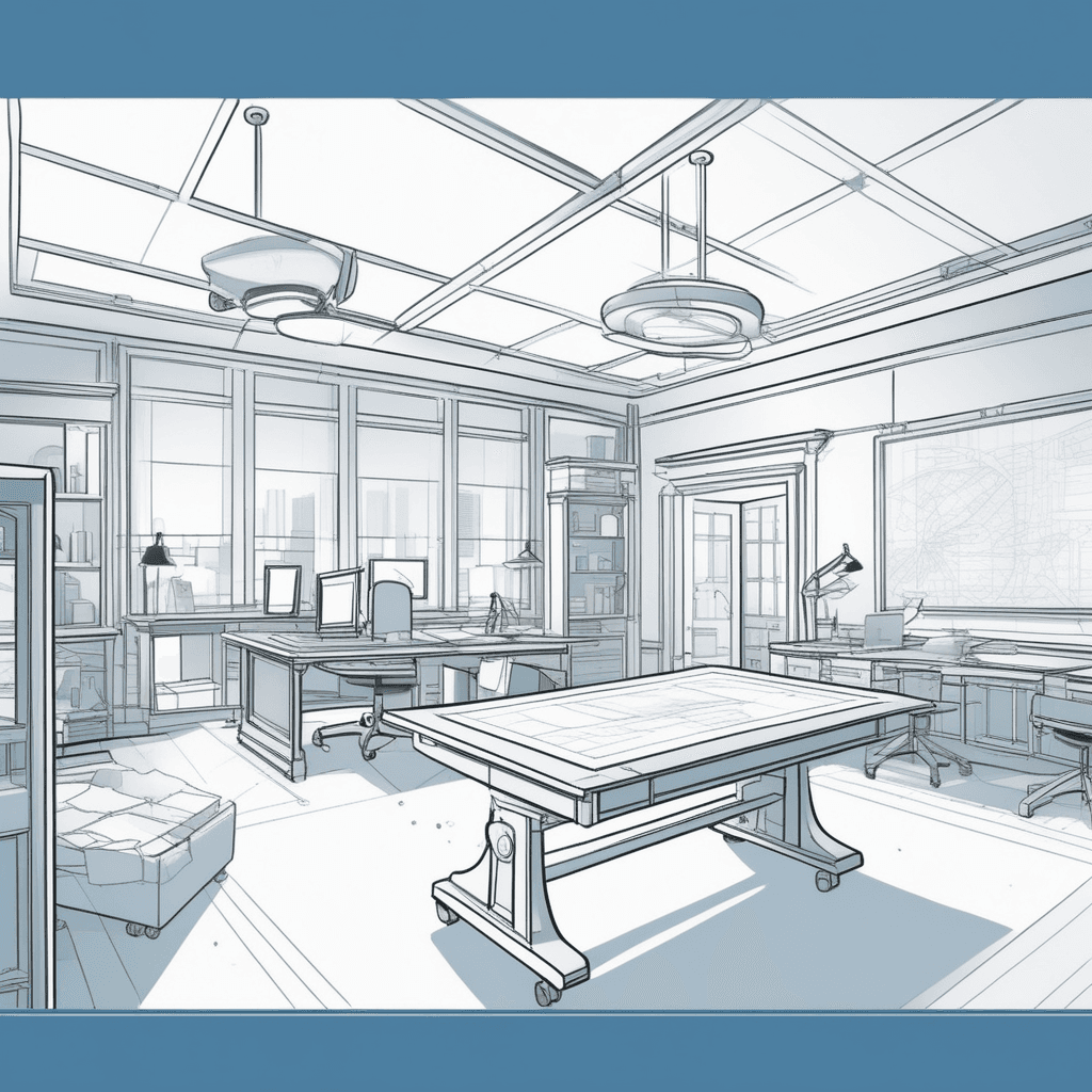 an architect spreads out a large detailed blueprint showing room arrangements across a drafting table. She points to different sections while explaining the layout to her client. The blueprint clearly displays walls, doorways, and room divisions in a bird's-eye view. Her client leans in closely, nodding as he traces the path from room to room with his finger. Other rolled blueprints and measuring tools scatter across the table around them. a scale diagram displaying the arrangement of rooms in a building