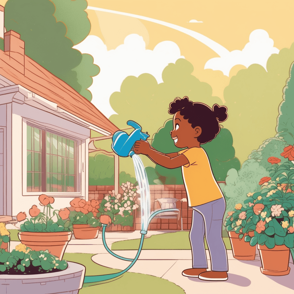 a young child holds a long garden hose that curves and sags downward between their hands. The rubber hose bends and droops heavily toward the ground forming loose curves. When the child tries to lift one end higher, the middle section still hangs down limply. The hose lacks any rigidity and simply follows gravity's pull. A parent nearby watches while watering flowers with a watering can. the hose being soft and hanging loosely without any stiffness