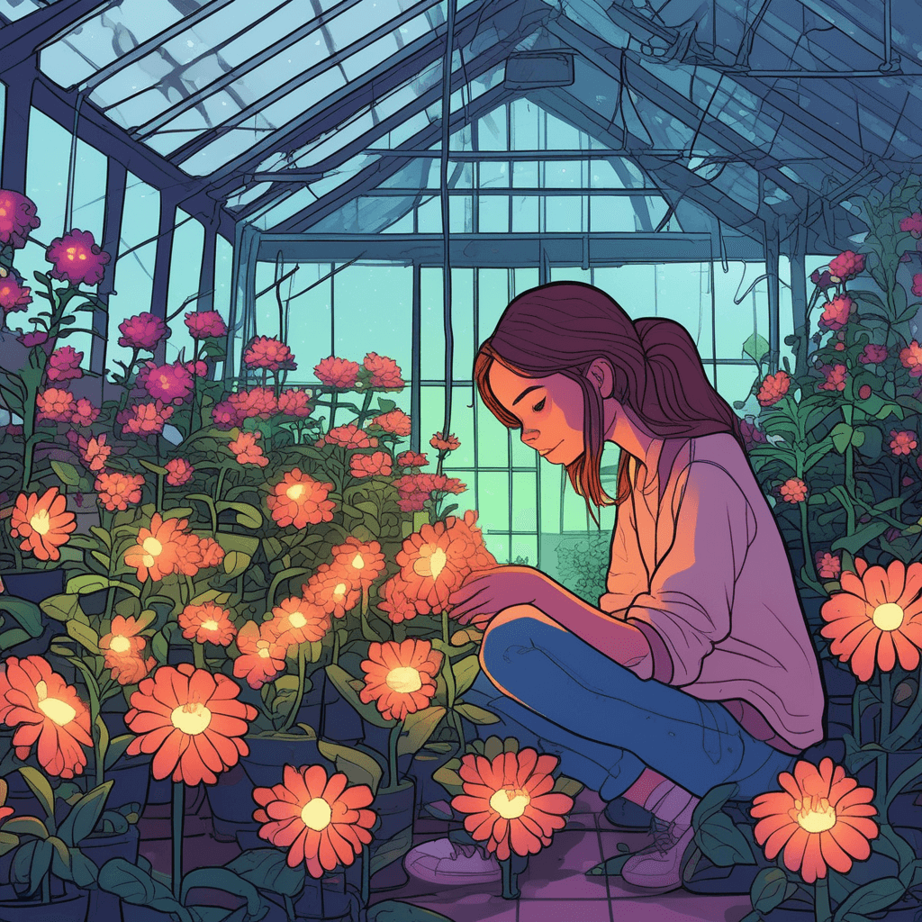 Adolescent hands nurture florescent blooms under fluorescent lights