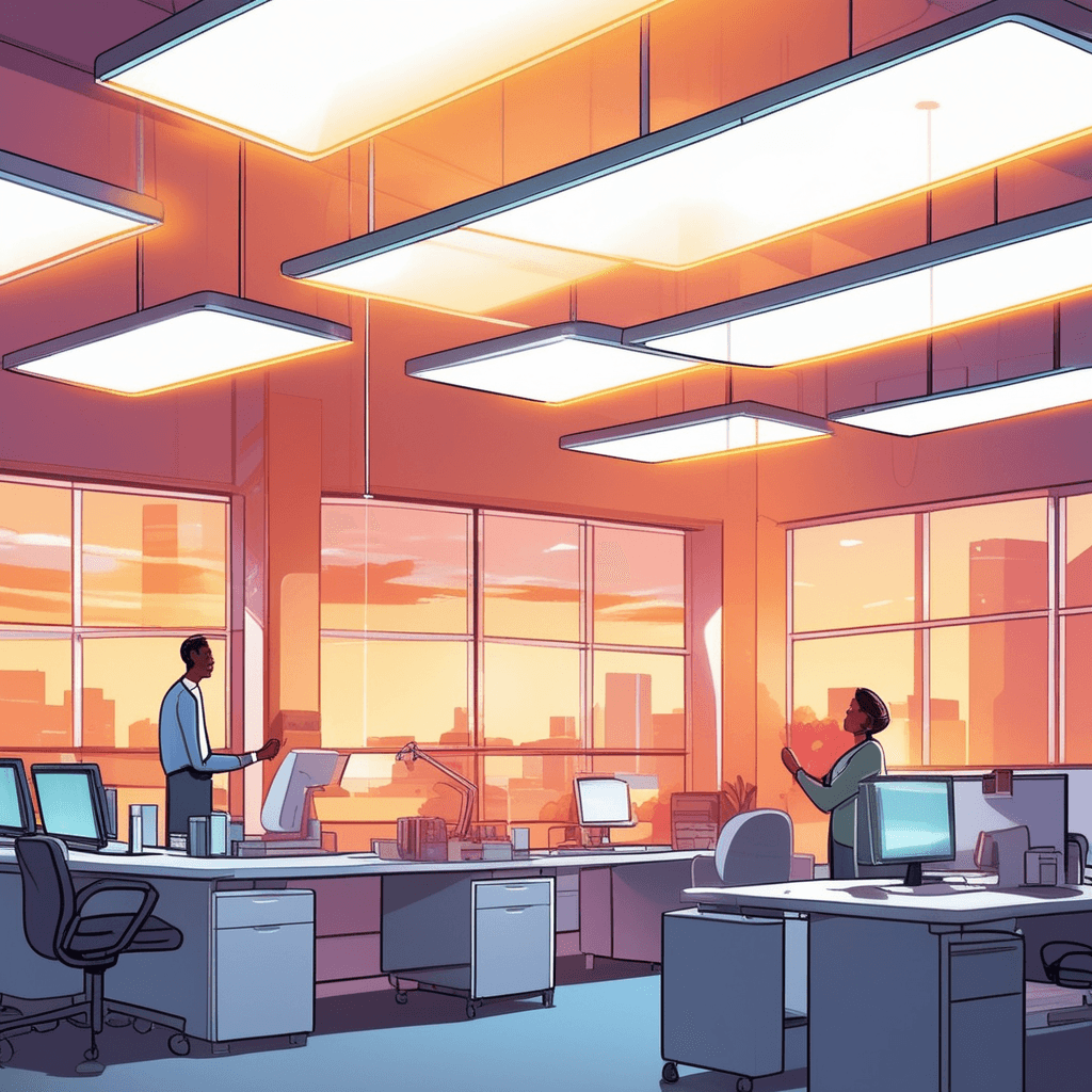 an office worker reaches up to replace a long glass tube in the ceiling-mounted fluorescent light fixture. The worker carefully inserts the tube into the fixture as it begins to flicker to life. Mercury vapor inside the glass tube glows as electricity flows through it, creating the characteristic white light. The phosphor coating on the inside of the tube transforms the energy into bright illumination. A coworker holds a ladder steady while watching the tube produce its steady, even light across the workspace. Office desks and equipment become clearly visible under the artificial fluorescent glow. how fluorescent lights produce illumination by passing electricity through mercury vapor in a phosphor-coated glass tube