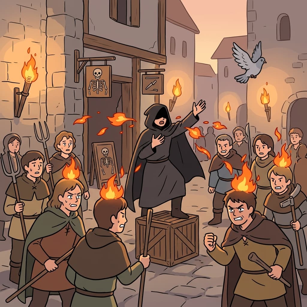 The agitator foments rebellion by whispering lies to angry villagers in the town square.
