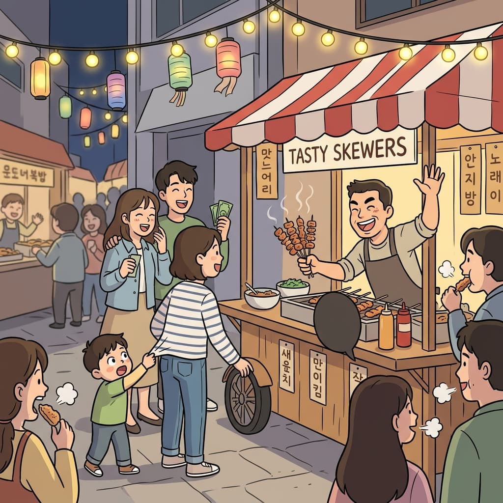 The food stand at the night market sells grilled skewers to a happy crowd.