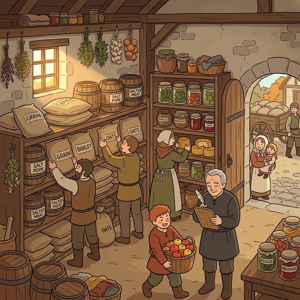 The village checks its food supply before the long winter arrives.