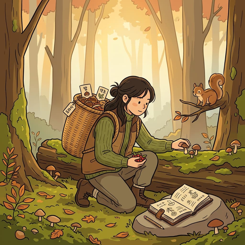 The forager gathers wild mushrooms and berries deep in the autumn forest.