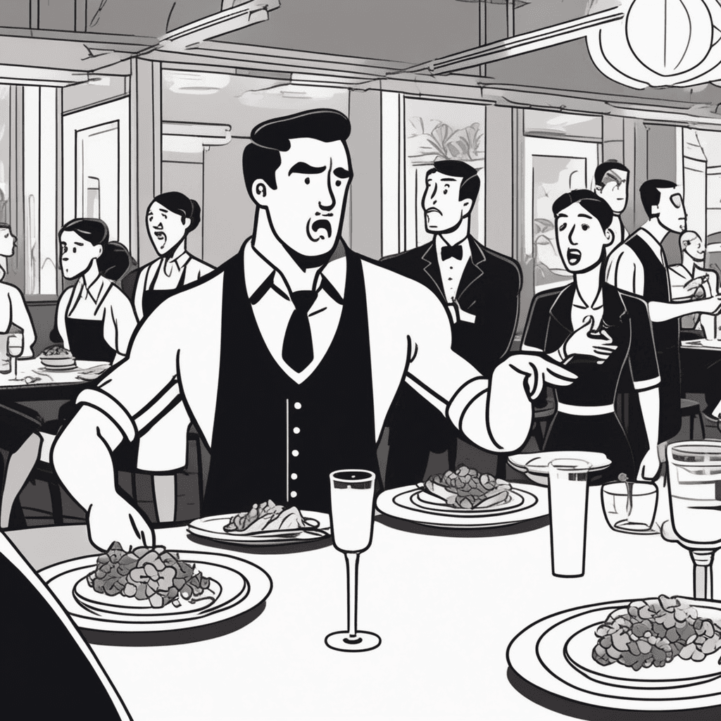 a waiter stands calmly with hands clasped behind his back while an upset customer points and gestures angrily at him. The waiter takes a deep breath and maintains a peaceful expression despite the confrontation. The angry customer has knocked over a water glass and is clearly shouting complaints about his meal. Other diners at nearby tables turn to watch the heated exchange with concerned faces. the waiter refraining from responding angrily and exercising patience and self-control