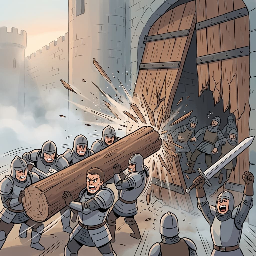 Knights force the castle gate open with a massive battering ram.