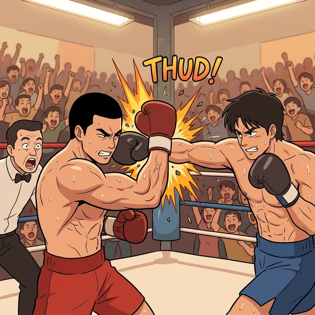 The boxer blocks the punch with his forearm just in time.