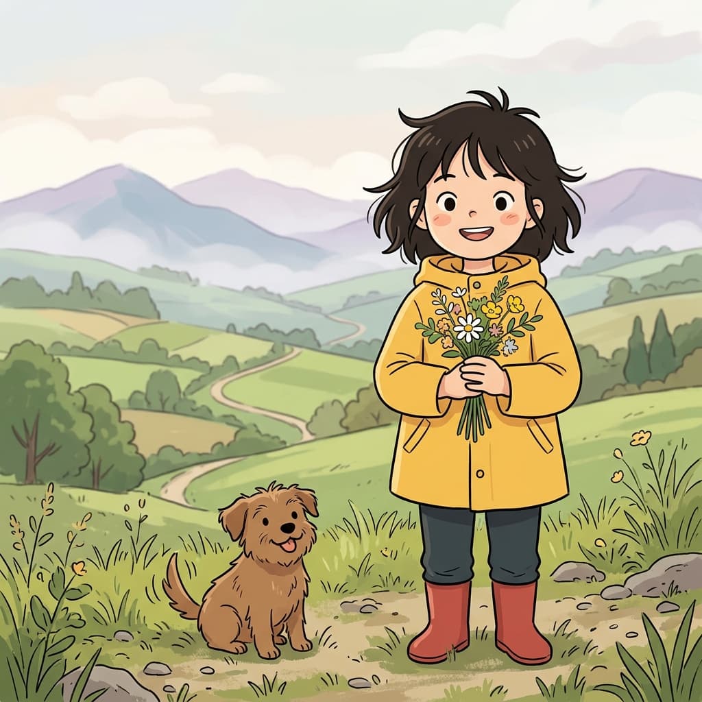 The little girl stands in the foreground while mountains rise softly behind her.