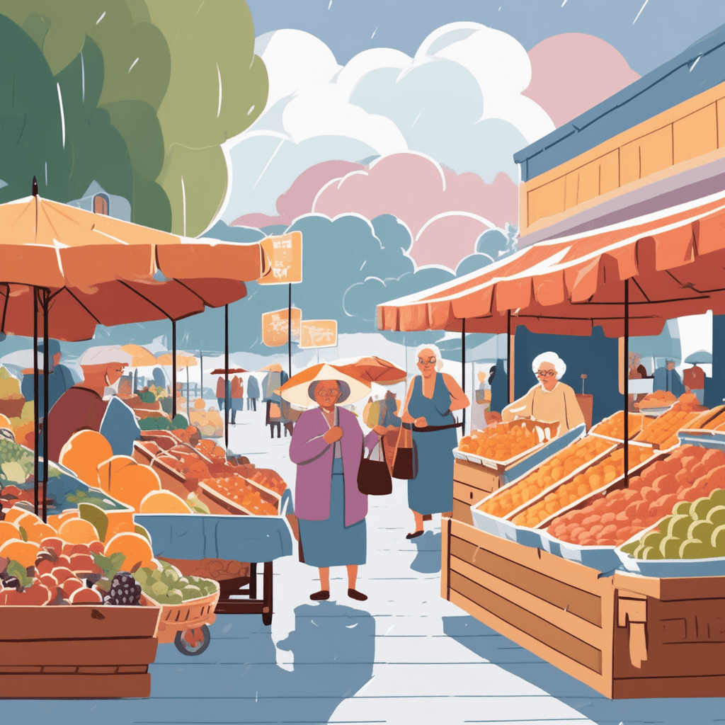 an elderly woman with knowing eyes calmly packs up her fruit stand while pulling out umbrellas from under her cart. She moves deliberately and peacefully as dark storm clouds gather overhead but no rain has started yet. Other vendors and shoppers around her continue their normal activities, completely unaware of the approaching weather. Just as she finishes covering her goods, the first raindrops begin to fall and everyone else scrambles for shelter. The woman stands ready with her umbrella already open, watching others rush around in surprise. Shoppers look at her in amazement as she remains completely prepared and dry. knowledge of something before it happens or exists