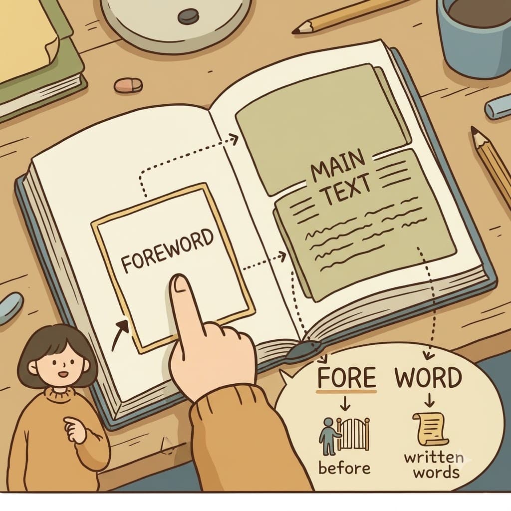 The foreword comes before the main text and explains what readers can expect from the book. (FORE = before / in front, WORD = written words)