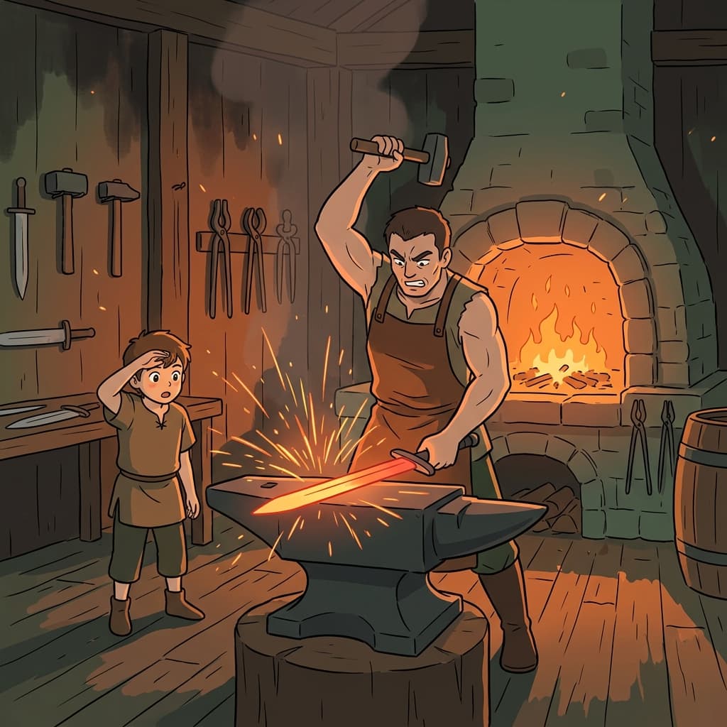 The blacksmith forges a glowing sword in his roaring workshop.