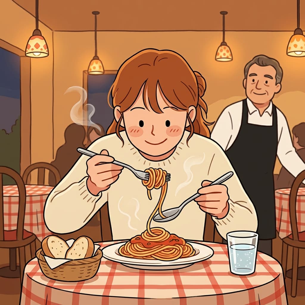 She twirled spaghetti onto her fork at the cozy Italian bistro.