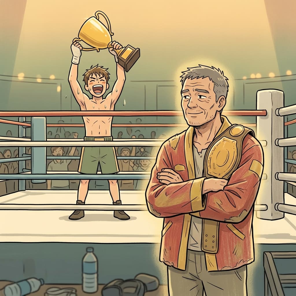 The former champion watches the new winner lift the trophy he once held.