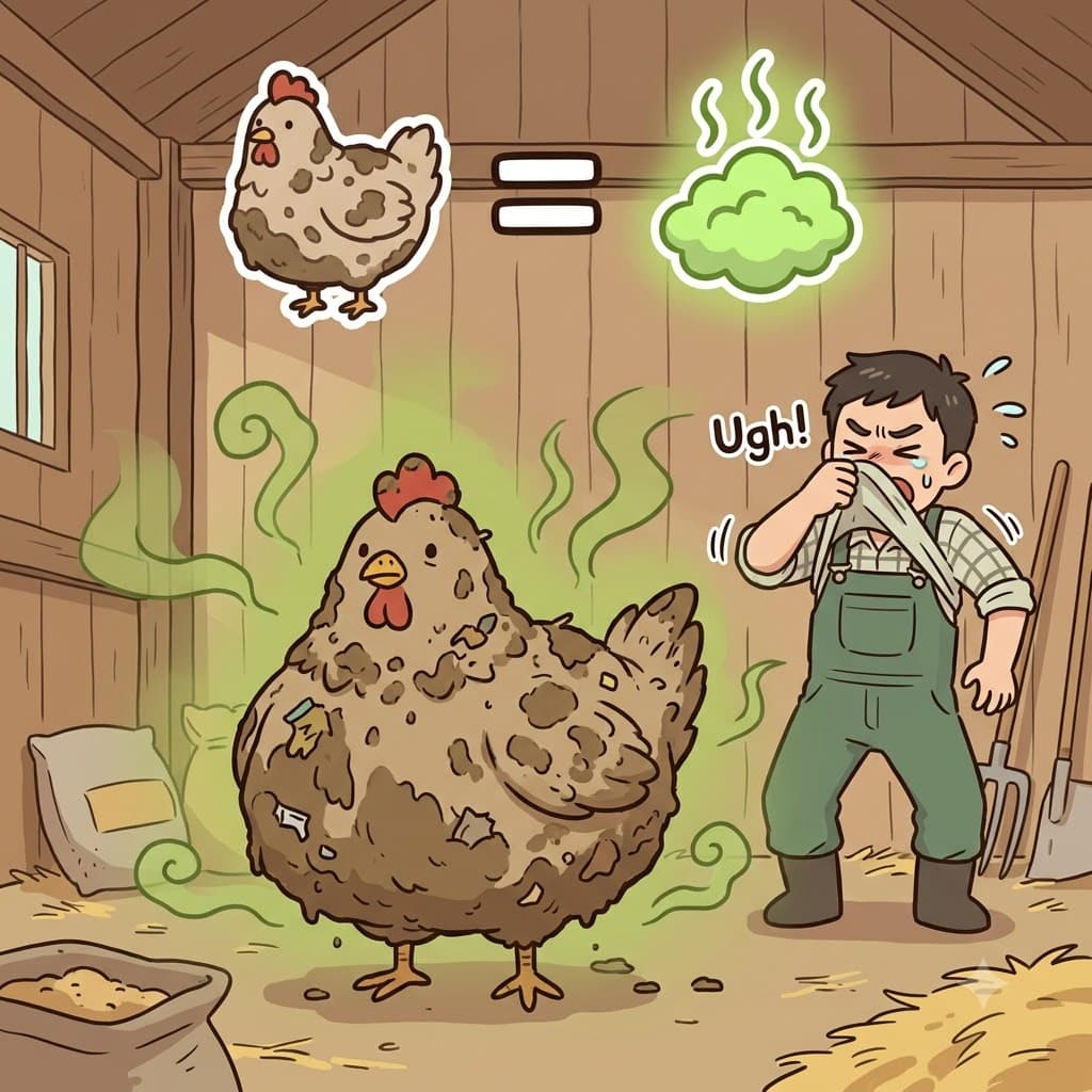FOWL(bird) = FOUL(smell) — the giant, dirty, muddy FOWL(chicken) made the entire barn smell absolutely foul.